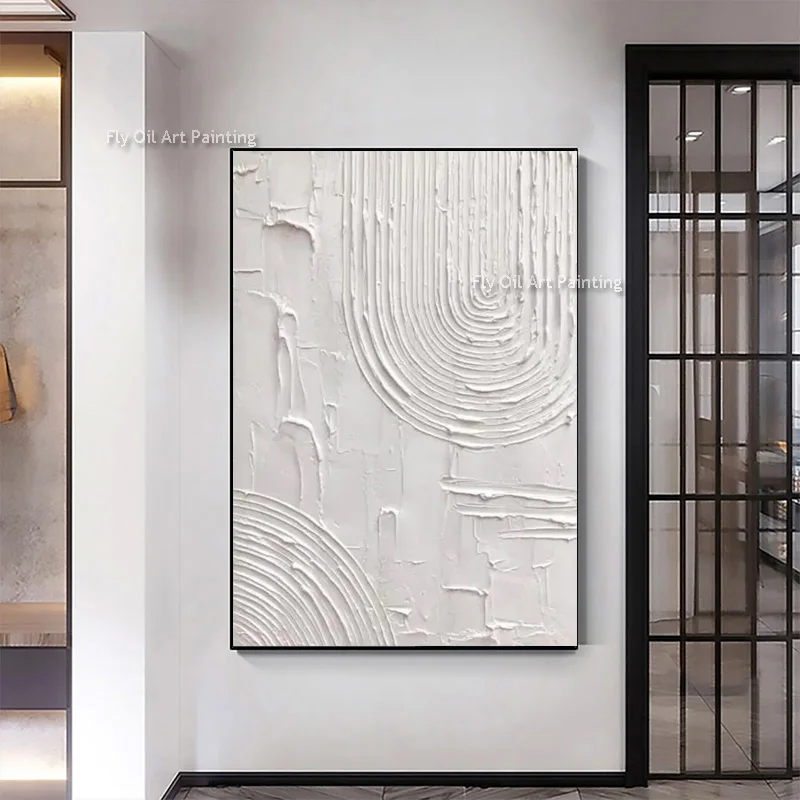Minimalism White Grey Beige Tihck Oil Painting Handpainted Black And White Simple Thick Canvas Wall Art Modern Home Decor