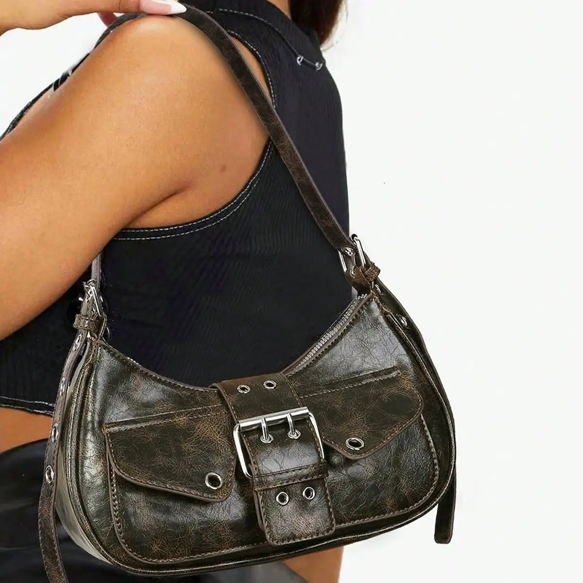 

Retro Punk Multi Pocket Handbag Women Leather Buckle Texture Marleid Shoulder Bag Ladies Y2k Faux Waxed Zipper Underarm Bag 2025