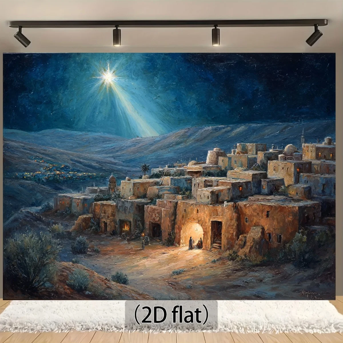 Tissu de fond de scène de Noël plat 2D avec étoiles de Noël et ciel nocturne du village du désert - Bannière plate 2D, polyester durable