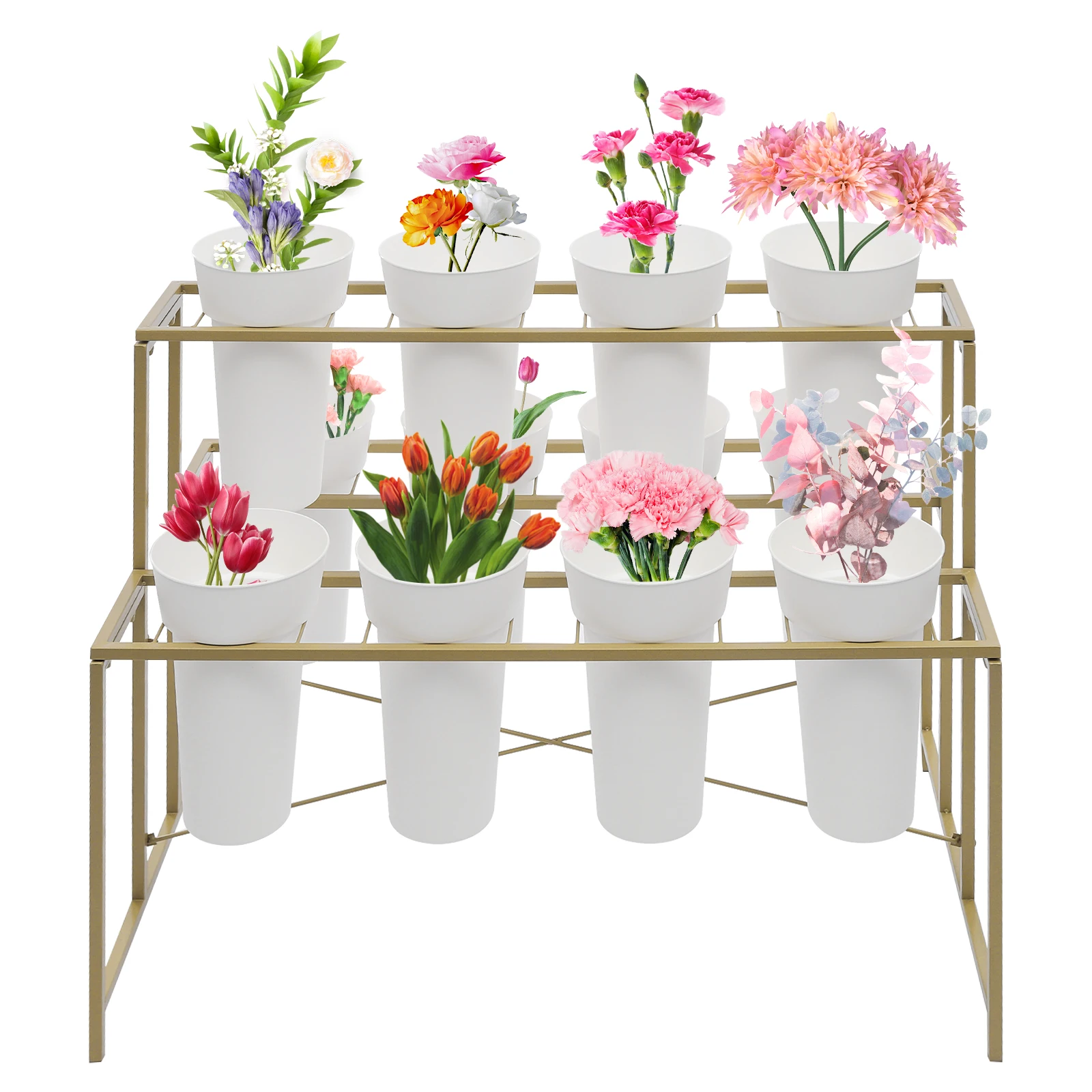 Metal Flower Display Stand 3 Layers 12 Barrels Plant Stand with Buckets 25kg Load Capacity for Florists/Gardens/Parks/Exhibitions/Farms/Shops Easy to Clean