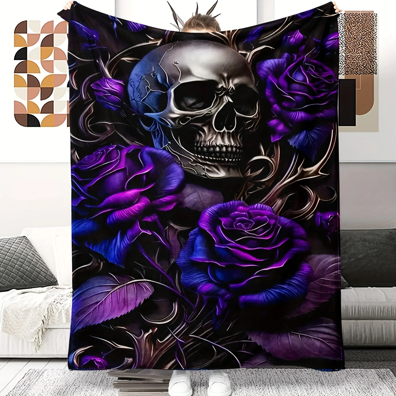 VIKAMA Gothic Skull Purple Rose Flannel Blanket Dark Tattoo Print Sofa Cover Halloween Goth Home Decor Gift