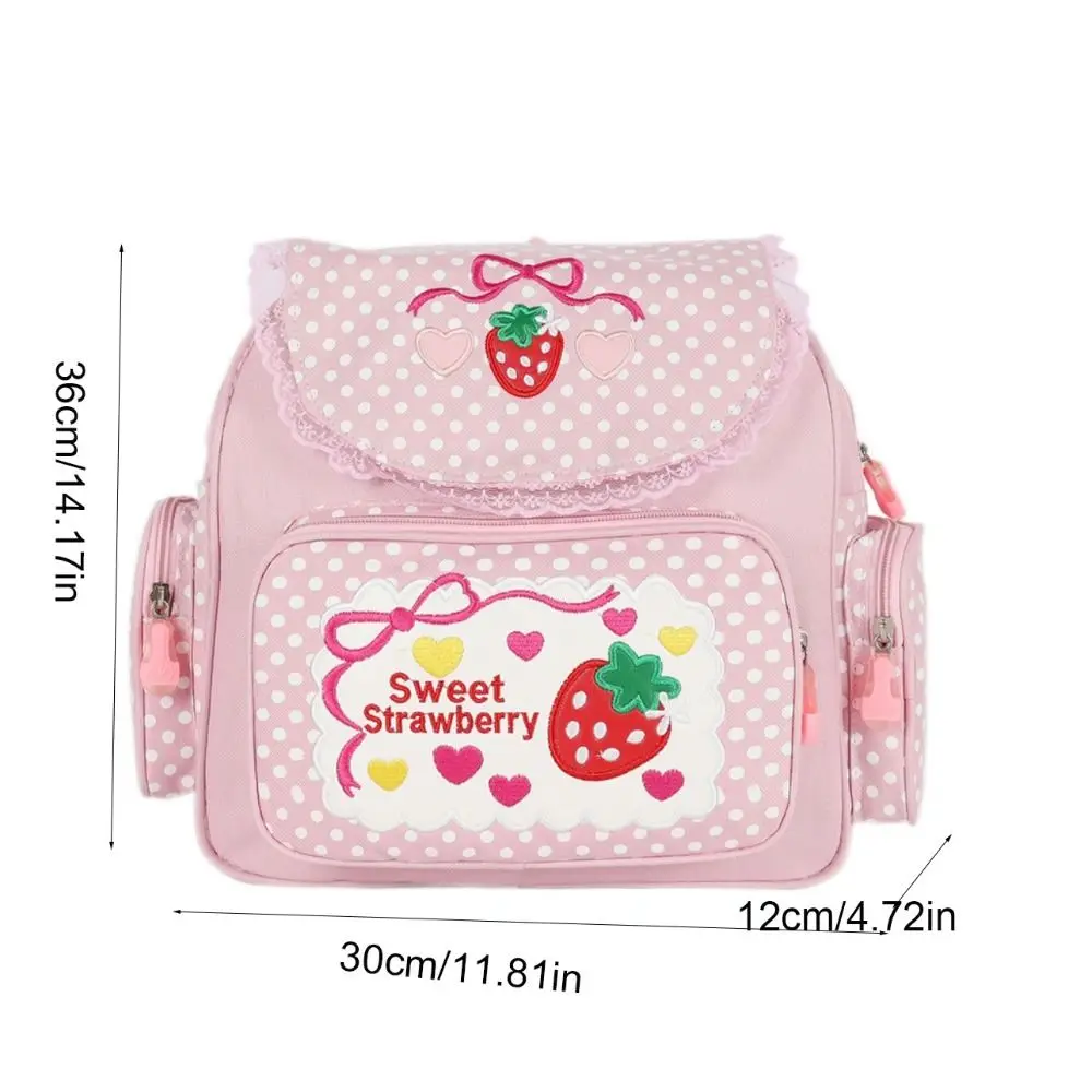 Kawaii Cartoon Strawberry School Bag Embroidery Mochila Dots Girl Backpack Bow Fruit Student Rucksack Women
