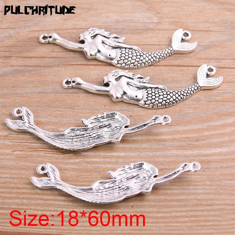 5PCS 18*60mm Ancient Silver color Color Metal Zinc Alloy Mermaid Charms Fit Jewelry Animal Pendant Charms Makings