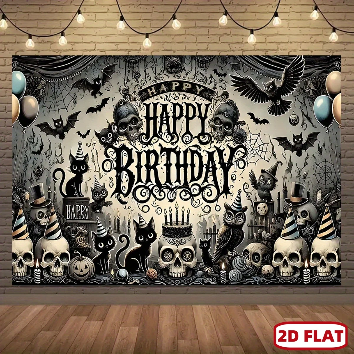 Un maravilloso cartel para fiesta de cumpleaños de Halloween, con lindos gatos, calaveras y murciélagos como sus principales elementos.