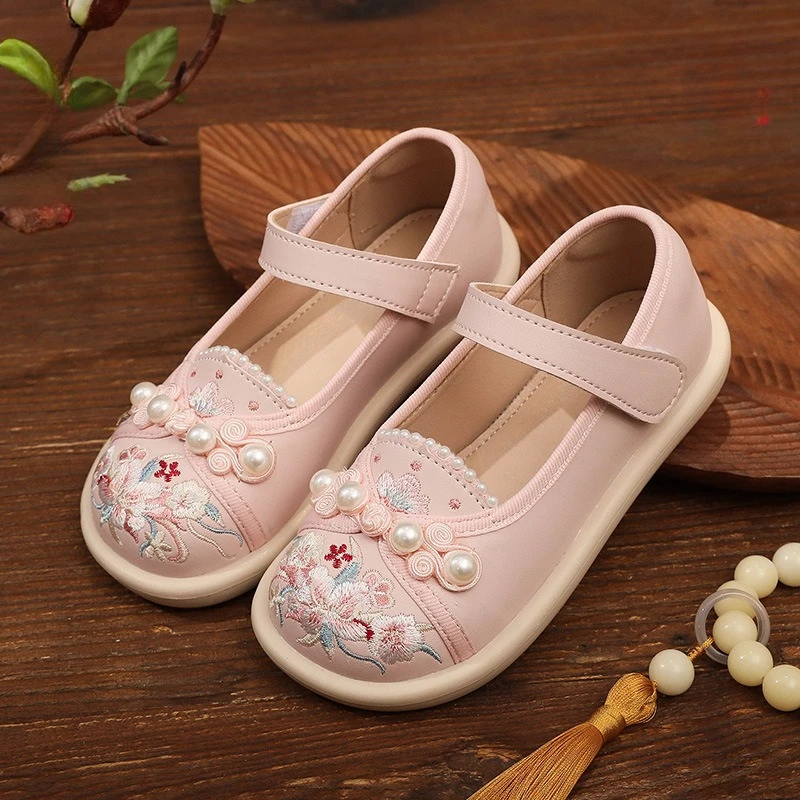 

Children Princess Leather Shoes Embroider Girls Hanfu Flat Shoes Wedding Party Sweet Pearl Causal Kids Elegant Mary Jane Shoes
