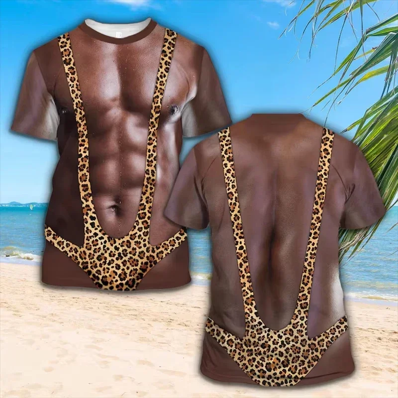 Unisex Funny 3D Fake MusclesT‑Shirt, Fake Leopard Mankini Print Novelty Humor Short Sleeve Beach Prank Tops for Men Women Party