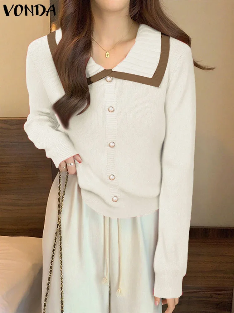 

Осенние свитера с воротником Питера Пэна, женские модные вязаные пуловеры VONDA 2025 года, джемперы с длинными рукавами, повседневные свободные тонкие вязаные пальто