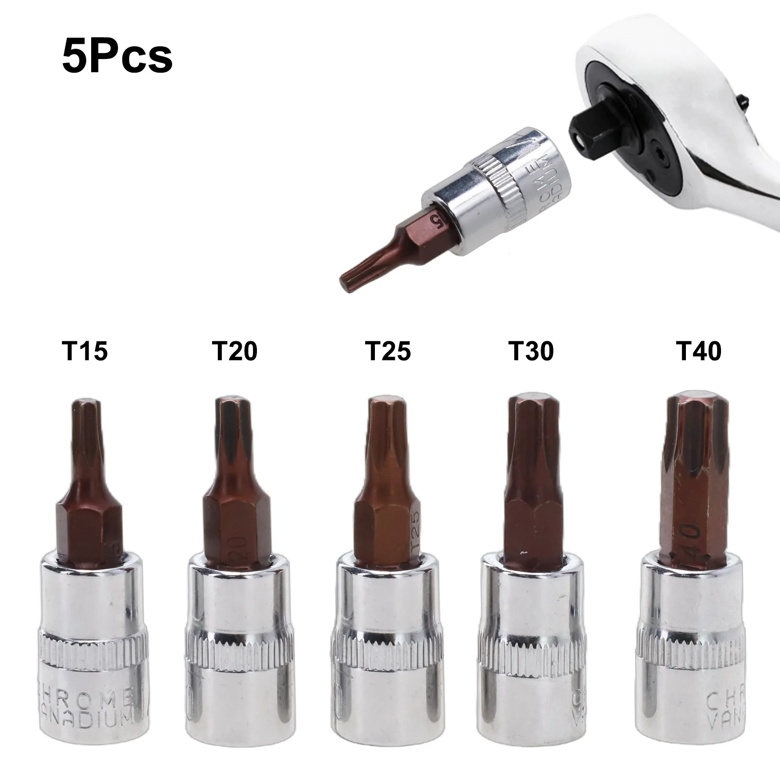 

5pcs 1/4" Torx Screwdriver Sockets Bits Set Drive Head Screwdrivers Socket Metal Material Hand Tools Set T15 T20 T25 T30 T40