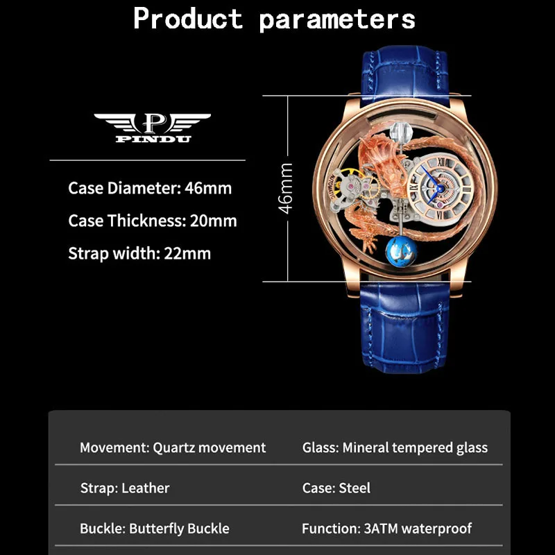 PINDU Watches Celestial  Art Hand Engraved Dragon Watch Men Ransparent Back Cover Design Rose Gold Leather Quartz Watch Relogio