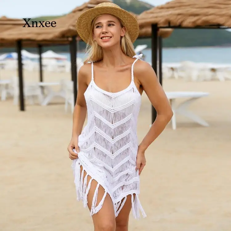 

White Tassel Bikini Classcial Knitting Cover Up Beach Women Blouse Summer Hollow Out Loose Mesh Beach Dress Tunic Robe Beachwear