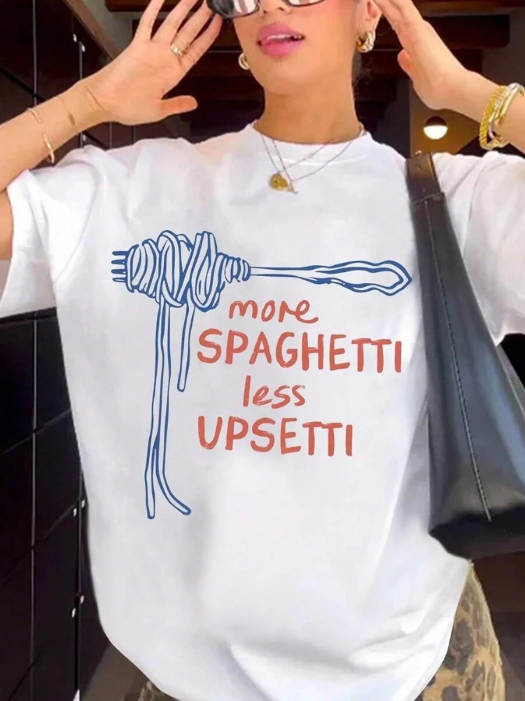 

Женская футболка больших размеров More Spaghetti Less Upset Графический топ Шикарная хлопковая мягкая рубашка с коротким рукавом Повседневная посадка на все сезоны