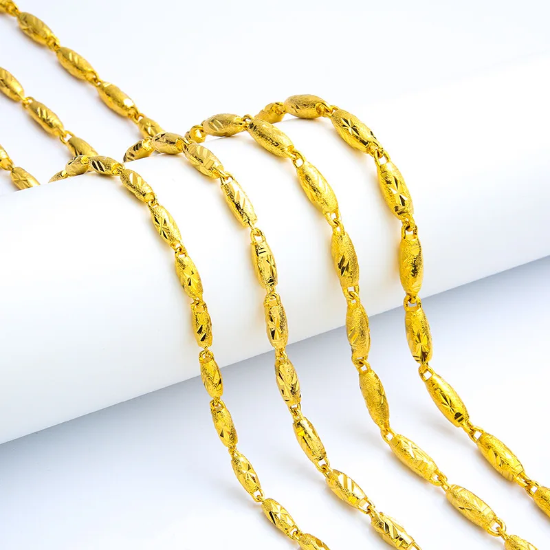 

Pure 24K Gold Color Necklace for Men and Women 4mm Width Olive Bead 50cm 60cm Neck Chain for Birthday Gifts Fine Jewelry