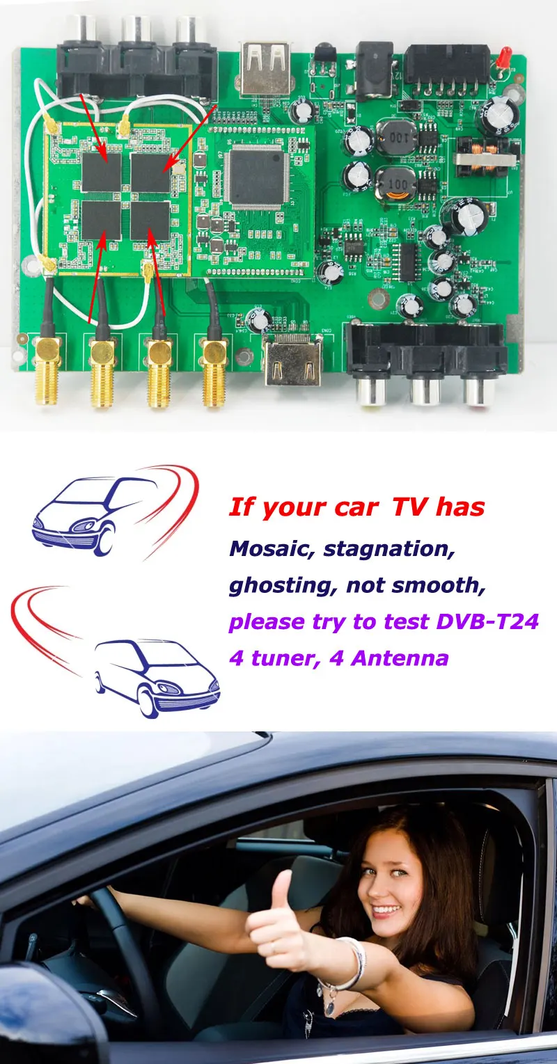 HDTV Car DVB-T2 DVB-T MULTI PLP Digital TV Receiver automobile DTV box  With 4 Tuner Antenna
