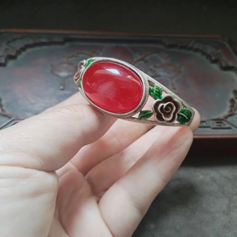 Antique Old Silver Bracelet Inlaid Ba Shan Green Jadeite With A Red Oval Cabochon, Open-End Tibetan Style