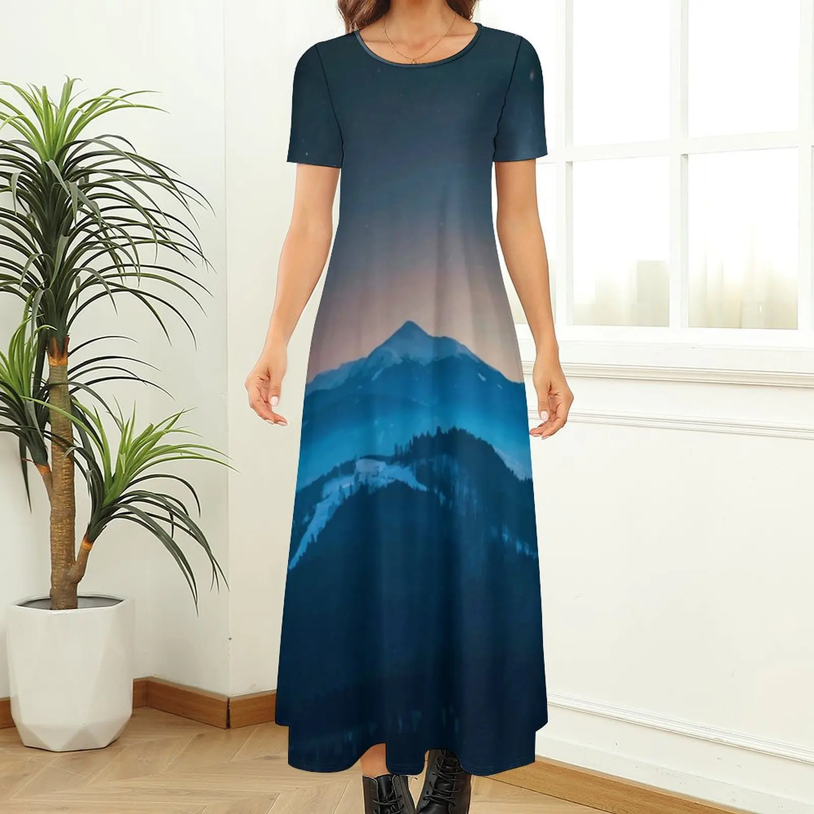 Foggy Mountains Panorama Dress Nature Landscape Elegant Maxi Dress Female Short Sleeve Boho Beach Long Dresses Big Size 6XL 7XL