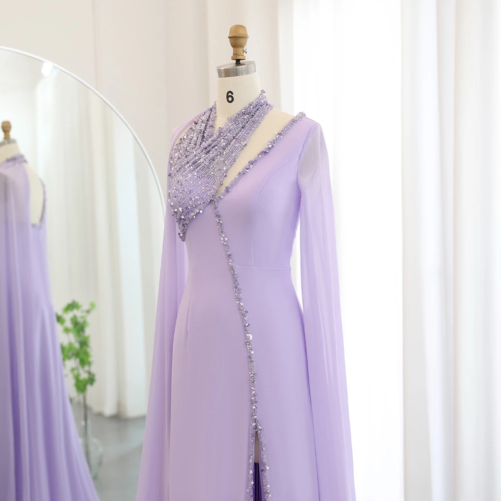 Elegant Chiffon Evening Dresses with Cape Sleeves Fashion Halter Beads Sequined Prom Gowns Side Slit Wedding Party Dresses 2024