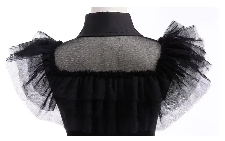 Schwarzes Gothic-Tüllkleid für Mädchen, Rüschenkleid mit Gürtel, Kinder-Halloween-Ballkleid, Studenten-Cosplay-Karnevalskostüm – Detail 6