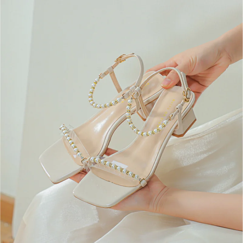 Heels Women Summer Low Heel Transparent String Bead Rhinestone Temperament Princess Style Versatile Roman Sandals Womens Shoes