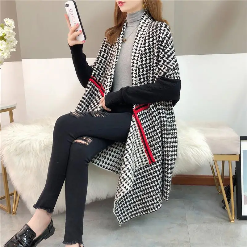 

Knitted Cardigan Winter Clothes Women Houndstooth Shawl Irregular Cape Korean Fashion Patchwork Poncho Femme Long Sleeve Tops