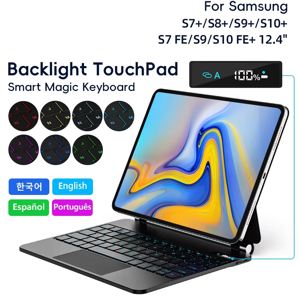Magic Keyboard Case for Samsung Galaxy Tab S9+/S8+/ S8 Plus/ S7 FE/ S7+ 12.4 inch Multi-Angle Trackpad Backlit Smart Keyboard
