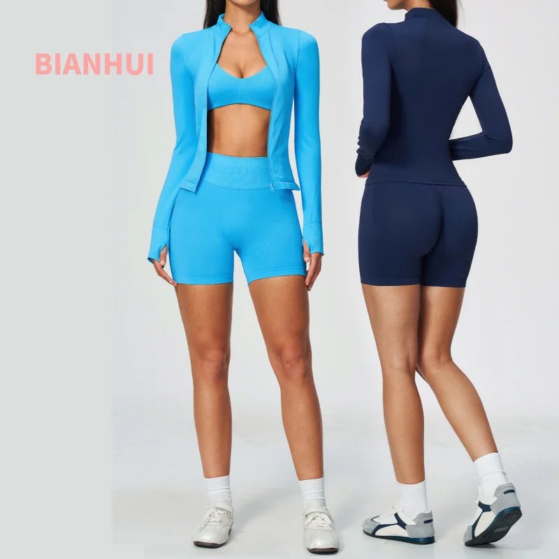 Women 3Pcs Seamless Yoga Workout Set Zip Up Stand Collar Jacket Shockproof Bra High Waist Shorts Quick Dry Breathable Gym Sports