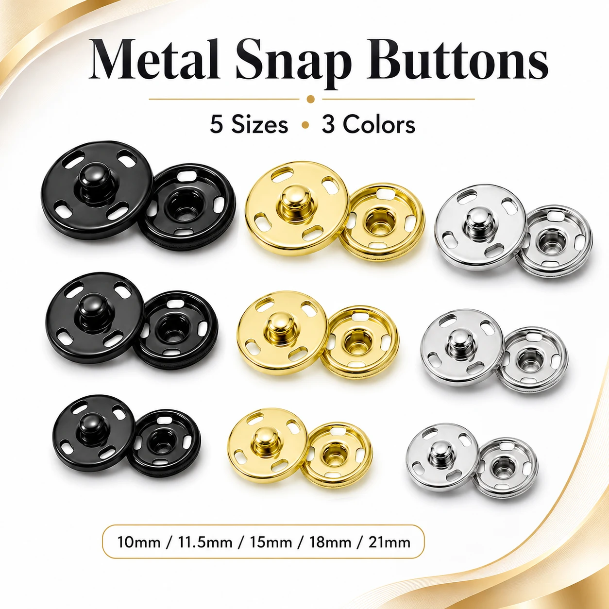 10-100Sets 10-21mm Metal Snap Button Fasteners, Silver Black Sew-on Press Studs Closures for DIY Craft Sewing Clothing