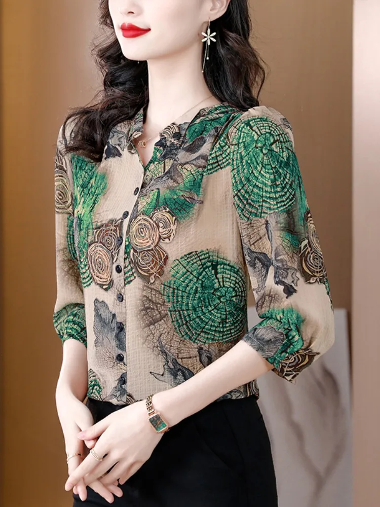 

Ladies Cotton Linen Printed Shirt Fashionable Midlife Mom Summer 2026 New Style Seven Sleeve Commute Style Korean Version