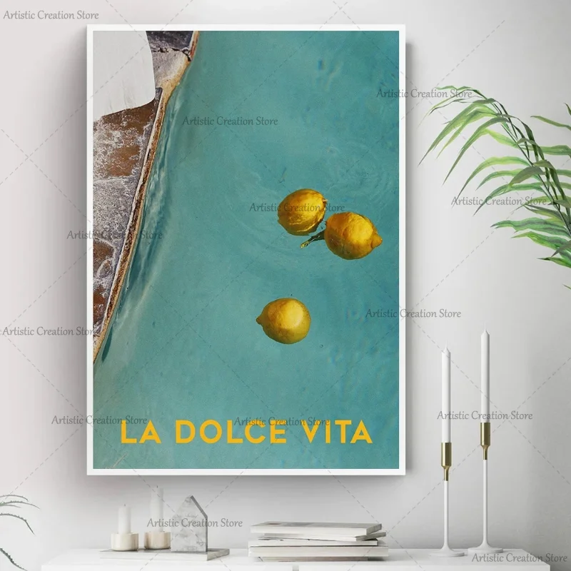 La Dolce Vita Lemon Pool Poster Canvas Print Painting Wall Pictures Nordic Italian Summer Blue Color Art Living Room Home Decor