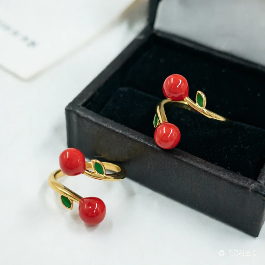 WT-RF010 Popular Sales Fruit Design Ring 18K Gold Electroplated Cherry Shape Romantic Casual Women Daily Wearing Jewelry