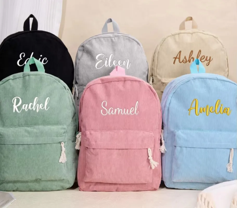 Personalized Corduroy Women Schoolbag Customized Embroidered Logo Backpack Training  Anti-theft Shoulder Bag For Teenager