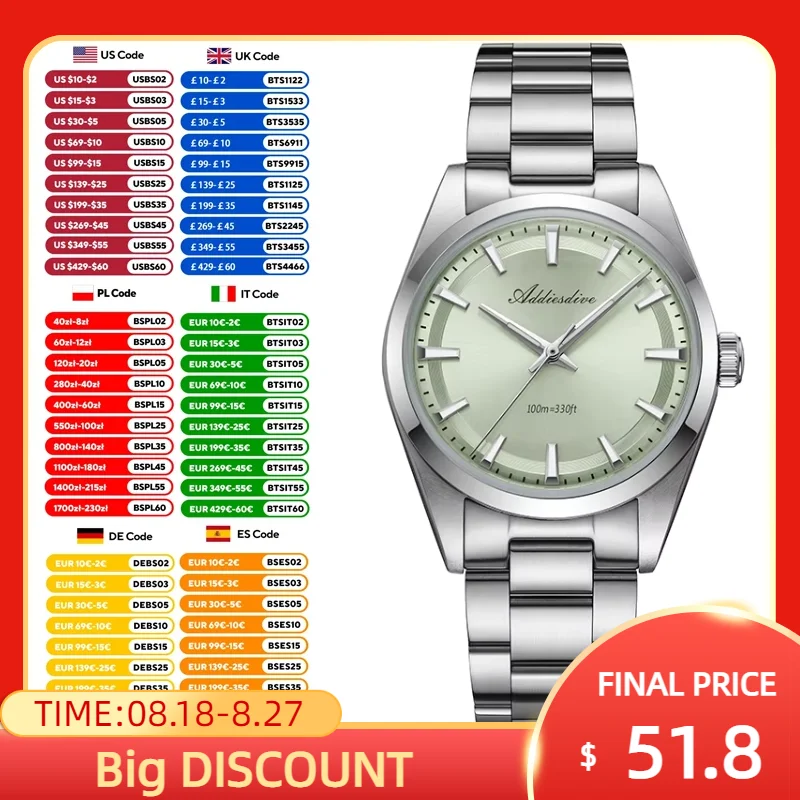 

ADDIESDIVE Luxury Man Wristwatch Waterproof Super Luminous Watch for Men Stainless Steel Mens Quartz Watches AD2066 reloj hombre