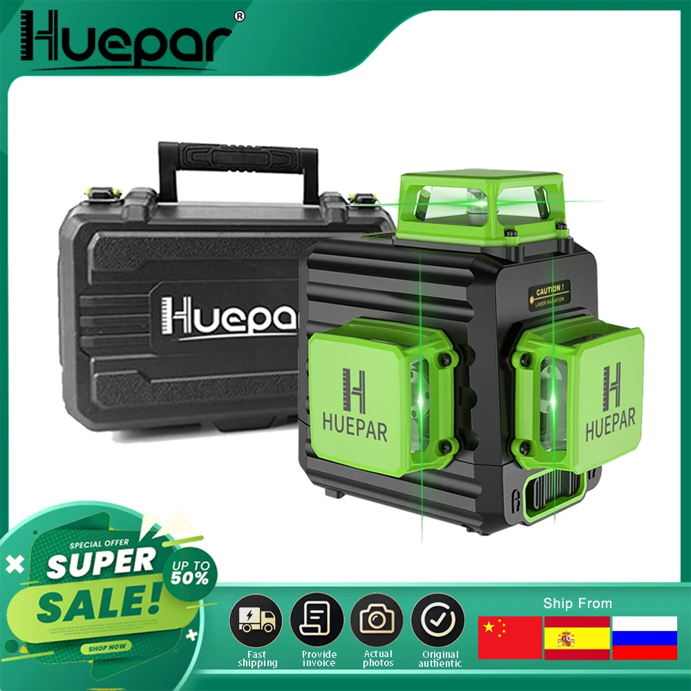 cruz linha auto nivelamento nivel laser 12 linhas green beam li ion battery tipo c porta de carregamento hard carry case huepar3d 01