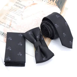 3 PCS Neck Tie Set Men Bow Tie and Cravat Bowtie Slim Necktie Skeleton Man Ties for Men 1200 Needle Fashion Gravata Dress