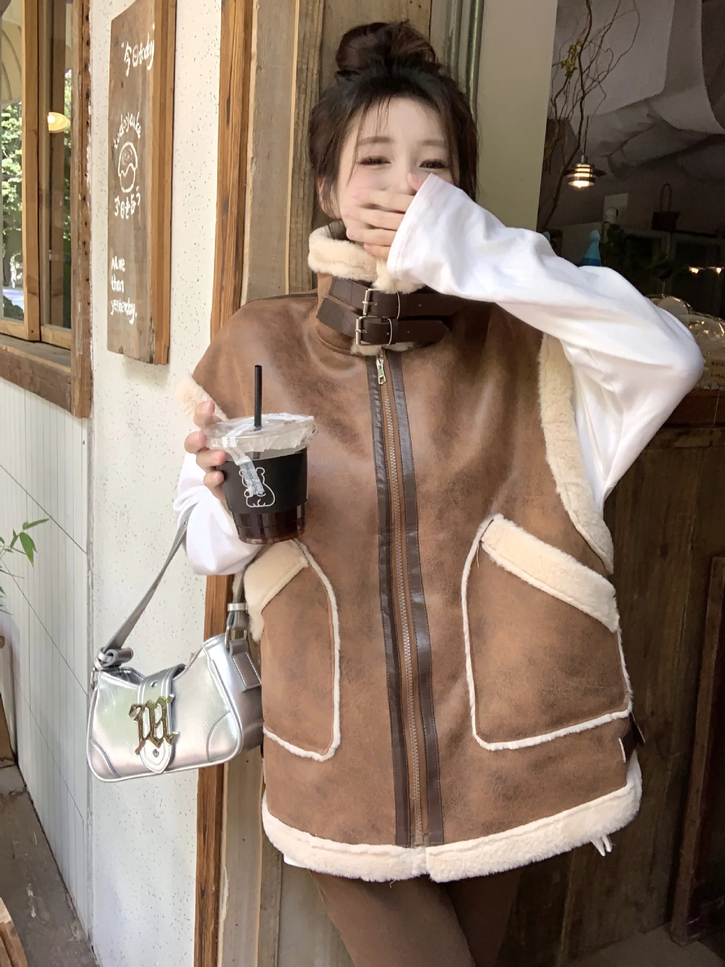 Locomotive Lamb Wool Cotton Coat Vest Women's Autumn Winter Ins Leather Woolen One Piece Deer Skin Fleece Waistcoat