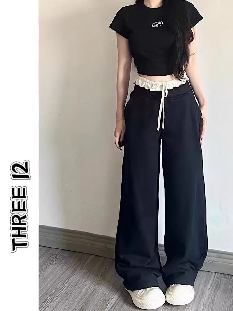 Pantalones casuales de encaje Retro americano Bla, pantalones de pierna ancha ajustados sueltos de cintura alta para mujer, novedad de verano, pierna recta cómoda Sle...