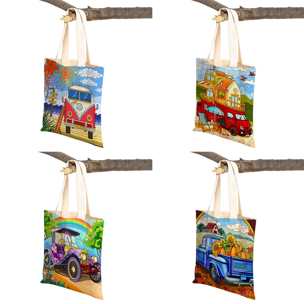 Fashion Happy Camper Art Cartoon House Tote Handbag for Women Casual  Both Sides Colorful Travel Car Lady Canvas Shopping Bag