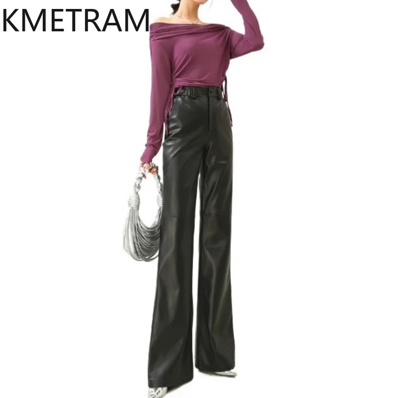KMETRAM 100% Top Layer Sheepskin Women Pants Black High Waisted Pants 110cm Genuine Leather Trousers Woman 2025 Autumn Clothes