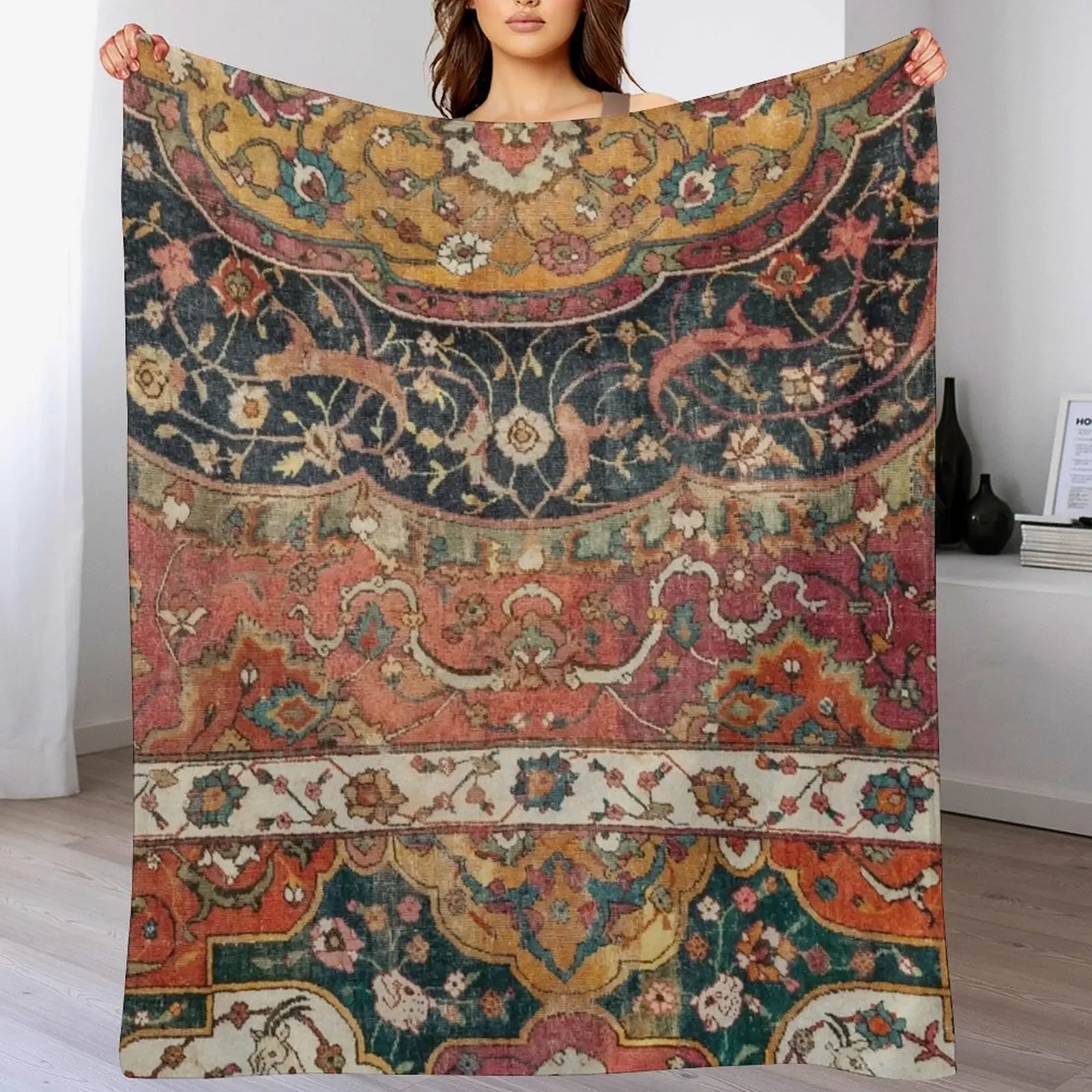 Persian Medallion Rug IX // 16th Century Distressed Red Green Blue Flowery Colorful Ornate Pattern Throw Blanket
