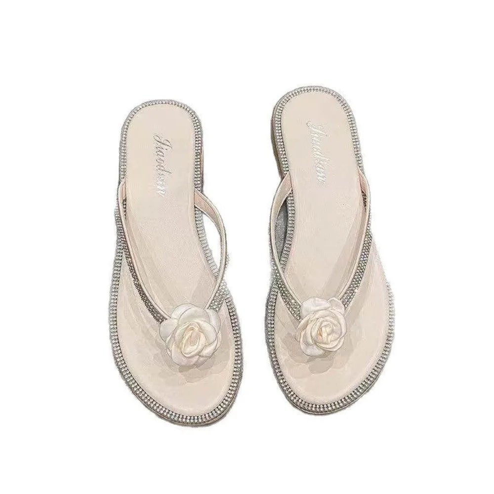 

Simple Anti-slip Crystal Flower Slippers PVC Casual Beach Flip Flops Shoes Soft Sole Summer Slides Sandals Streetwear