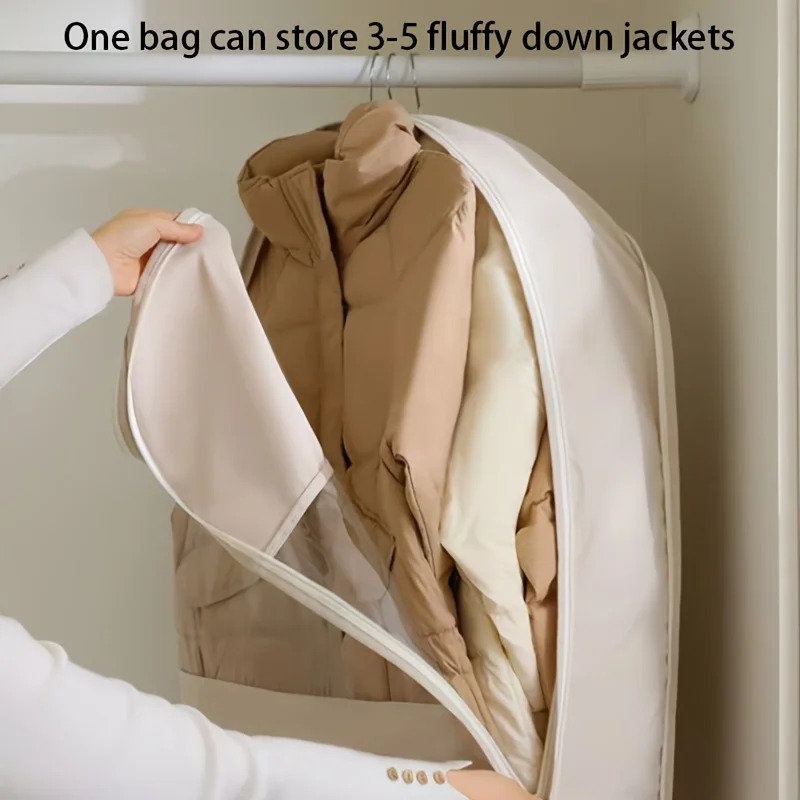 Beige Compression Hanging Bag, 40% Space-Saving Vacuum Seal, See-Through Storage with Durable Zipper for Winter Clothes