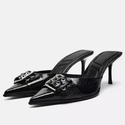 Pointed Toe Women's Mules Shoes Belt Buckle Black Patent Leather Stiletto High Heels Fashion Designer Summer Sandals for Ladies