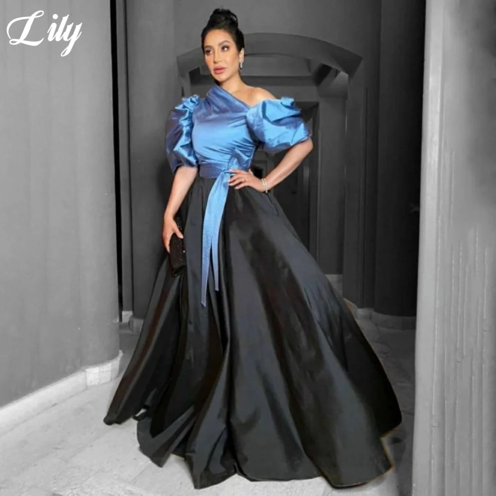 

Lily Blue Elegant Formal Gown One Shoulder Puff Sleeves Prom Dresses Satin Pleating A-Line Evening Dresses for Woman Customized