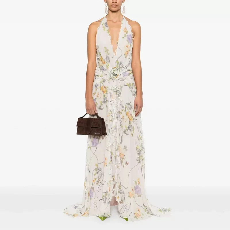 Sexy Australian Independent Station Neck Hanging V-neck Sleeveless Floral Long Dress Summer Vacation High Waist A-line Skirt