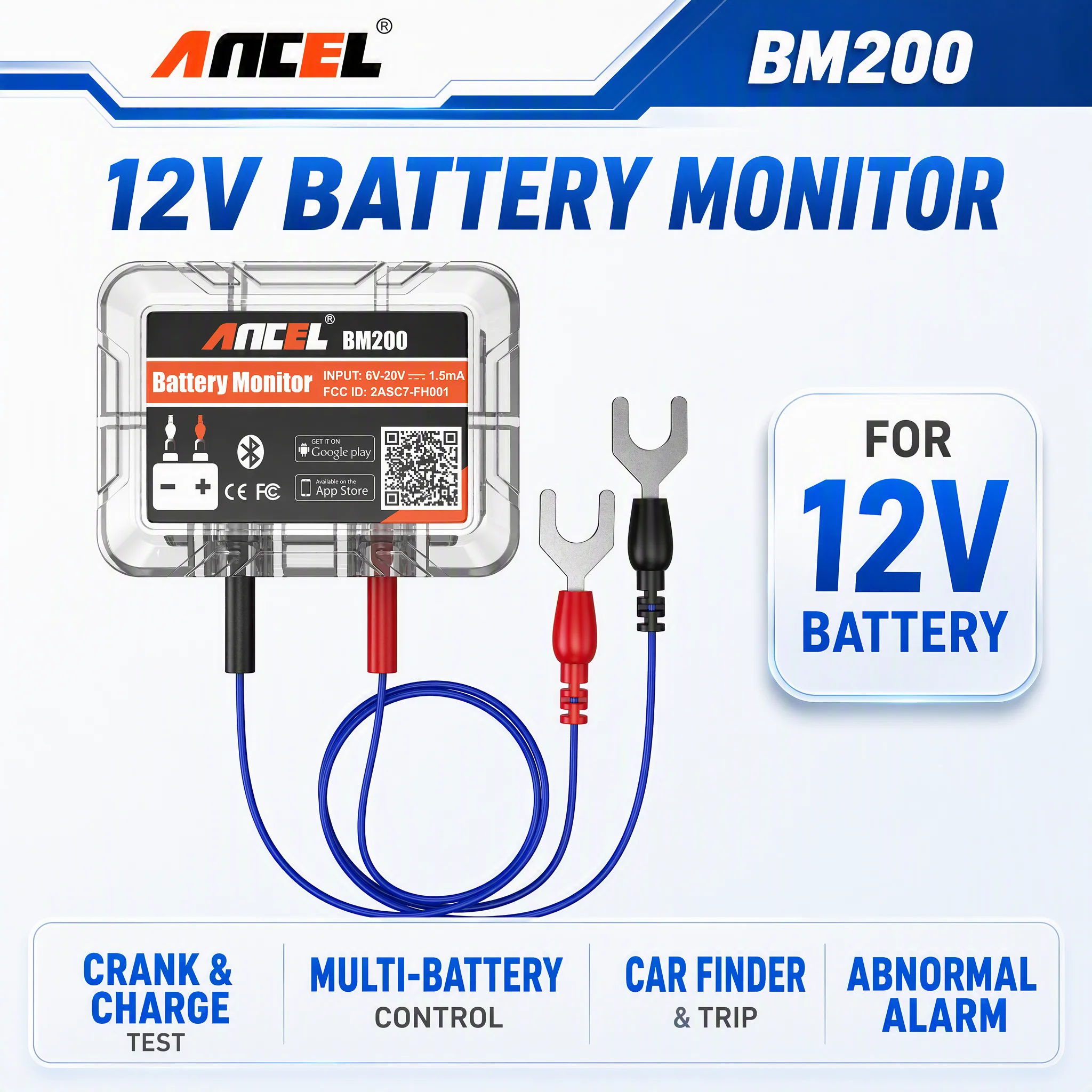 12V Battery Health Monitor Bluetooth Automotive Tool SOC LED Display Car Motorcycle Battery Tester for Android iOS