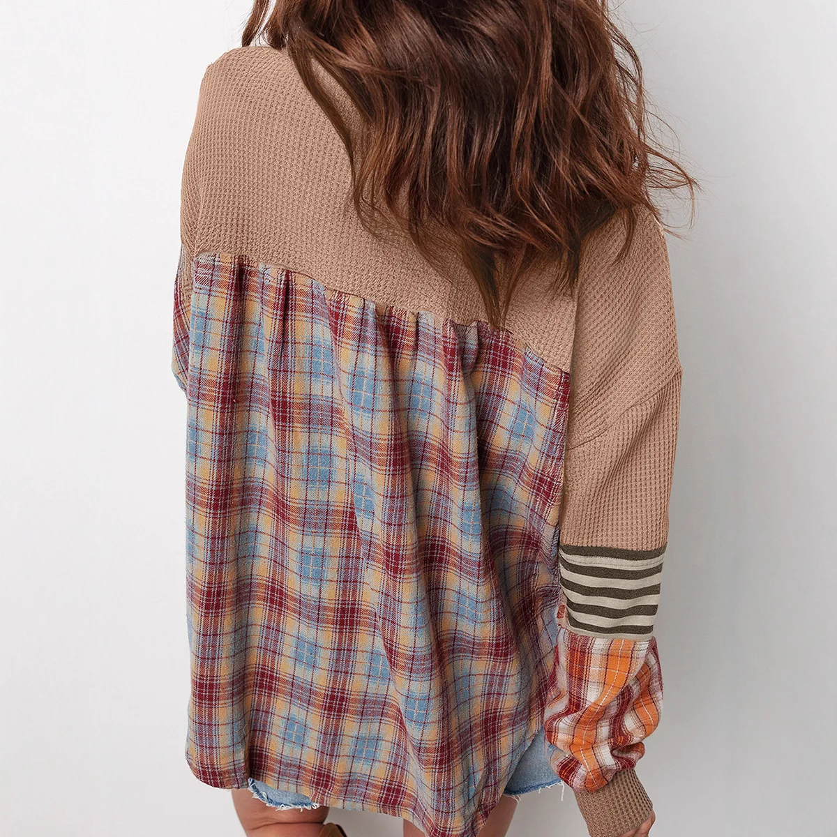 2025 Autumn Winter Fashion Patchwork Plaid Loose Casual Sweatshirts Women Full Sleeve Buttons Versatile Hipster Street Pullovers