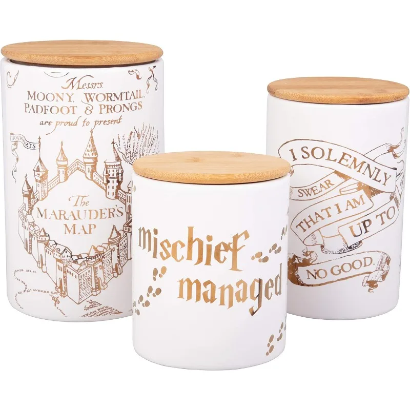 Marauder's Map Porcelain 3 Piece Canister Set - Three Sizes with Gold Marauders Map Design