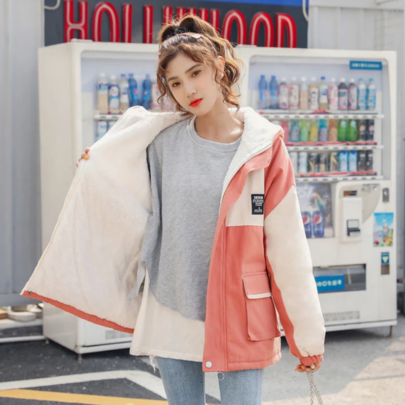 Winter New Women Hooded Parkas Plus Fleece Windproof Warm Snow Wear Woman Trend Contrast Color Big Pocket Cotton-Padded Jacket