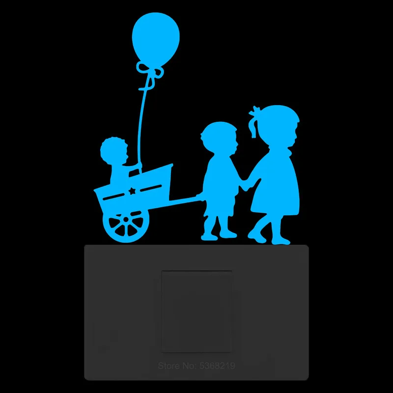 Boy Hold Girl Hand and Trailing A Toy Cart Carrying Balloon Glow Sticker for Kids Room Wall Switch Decoration Laptop Car Sticker