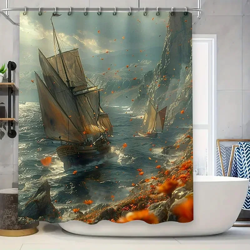 Tropical Storm Shower Curtain Autumn Leaves Sailing Ship Bath Decor 3D Printed Fabric Waterproof Liner for Home BathroomVVV
