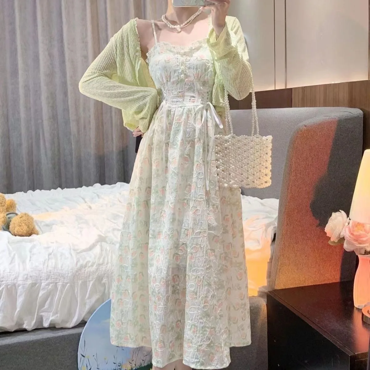 2 pieces women sets 2026 summer sun-protective long sleeve cardigan+slim floral print sling long dress sets women's clothing